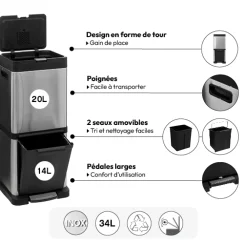 Poubelle de tri sélectif en métal 20+14L, Inox
