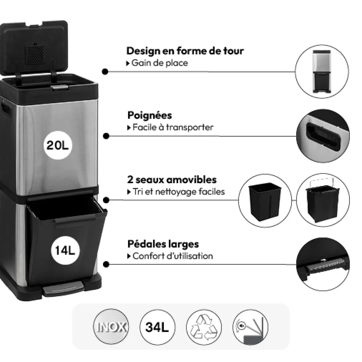 Poubelle de tri sélectif en métal 20+14L, Inox