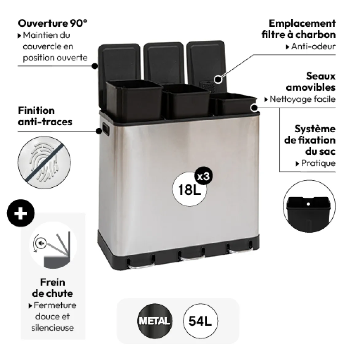 Poubelle de tri 3X18L, Inox