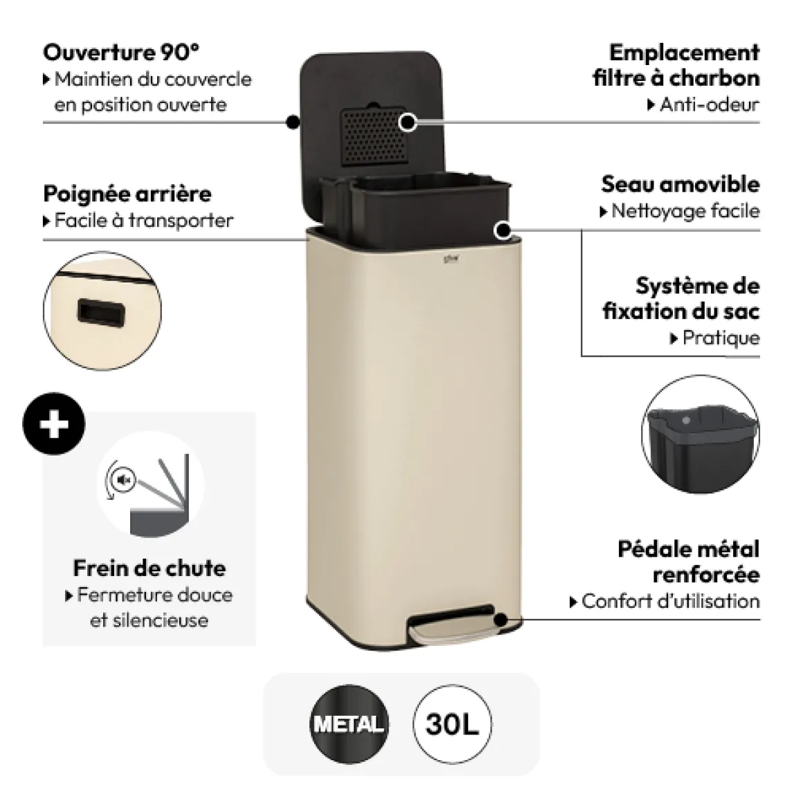 Poubelle métal 30L, Argile