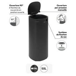 Poubelle métal 50L avec ouverture pression, Noir