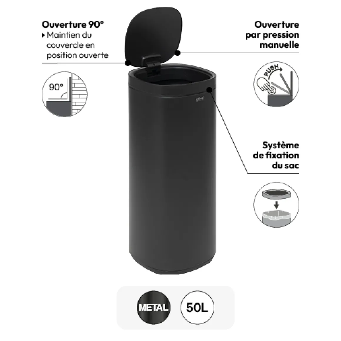 Poubelle métal 50L avec ouverture pression, Noir
