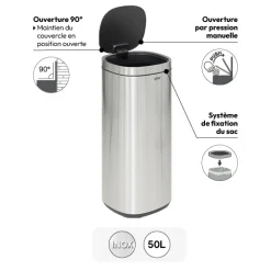 Poubelle métal 50L avec ouverture pression, Gris