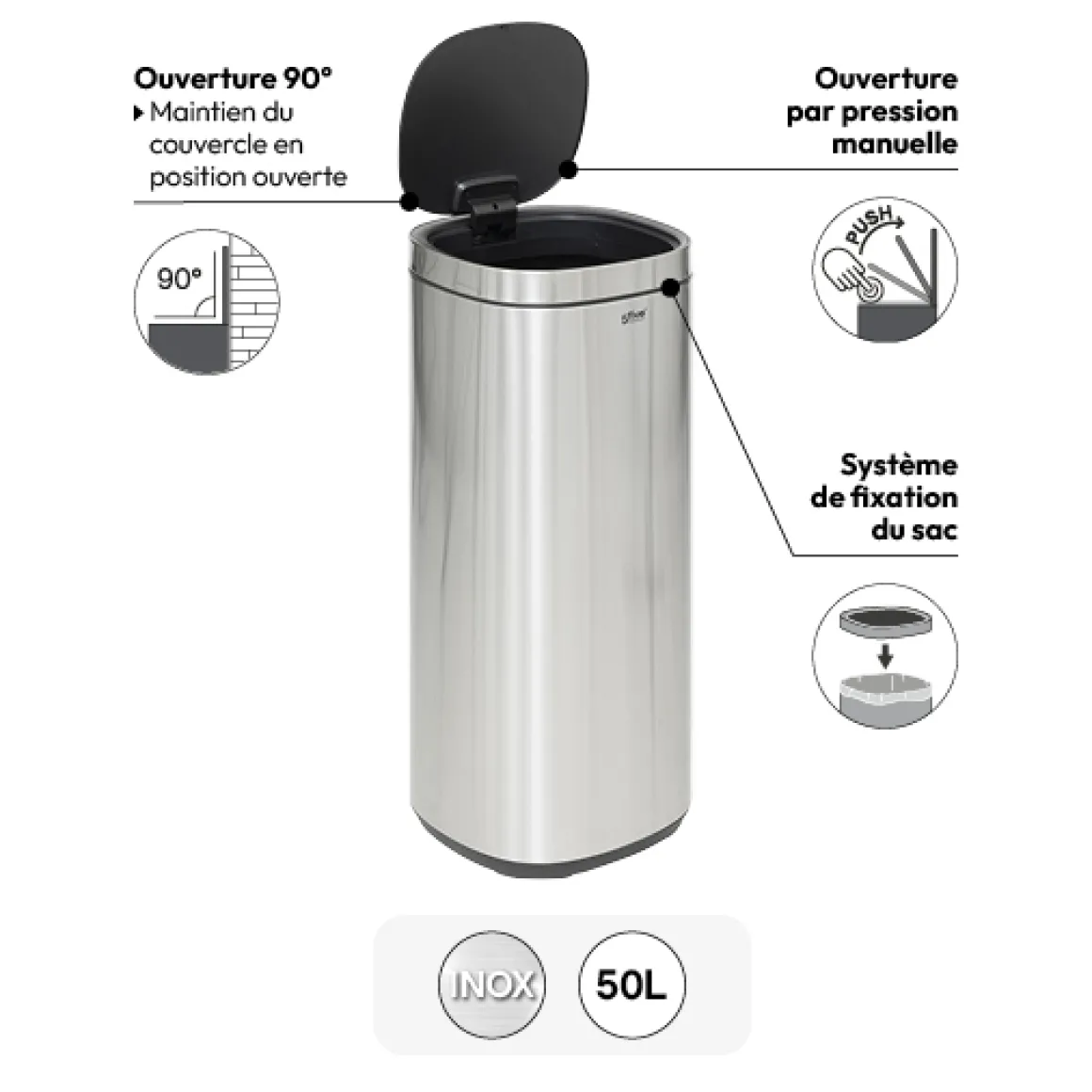 Poubelle métal 50L avec ouverture pression, Gris