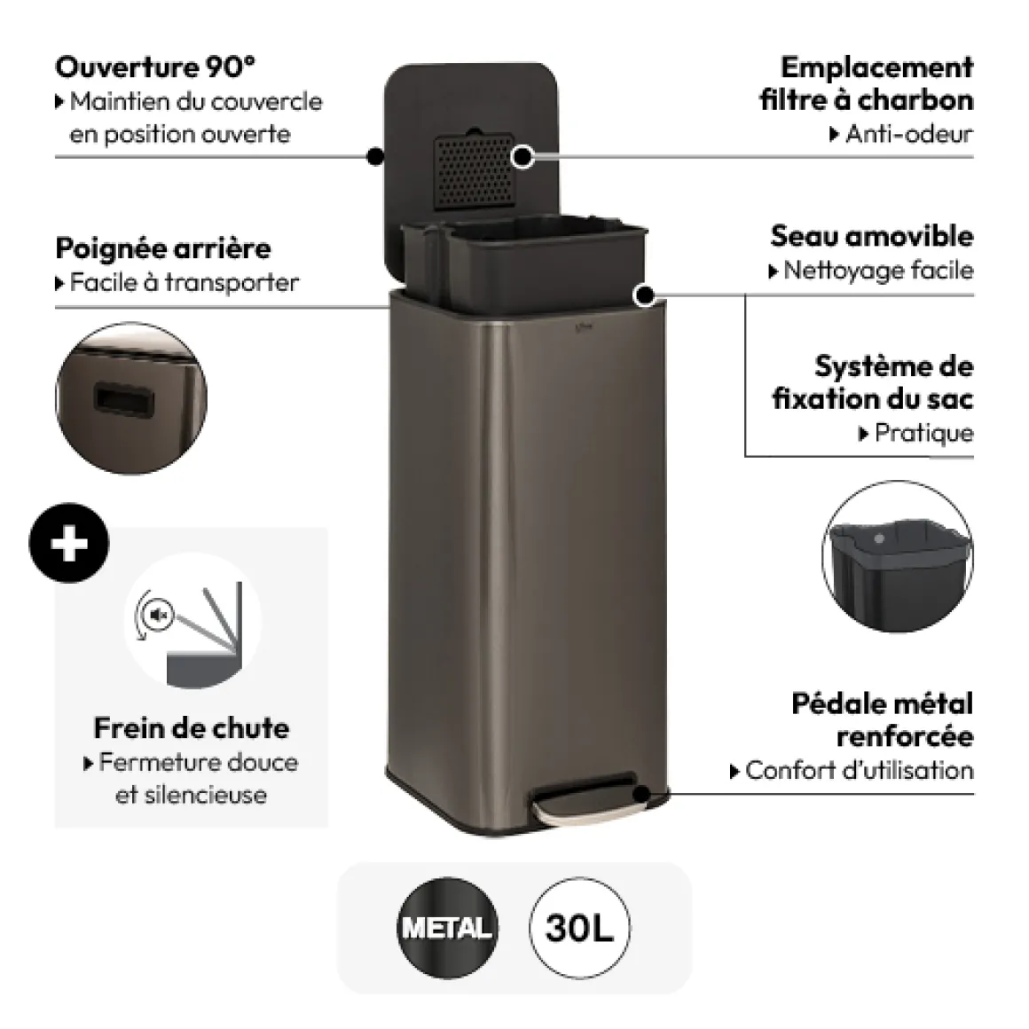 Poubelle métal 30L, Gris