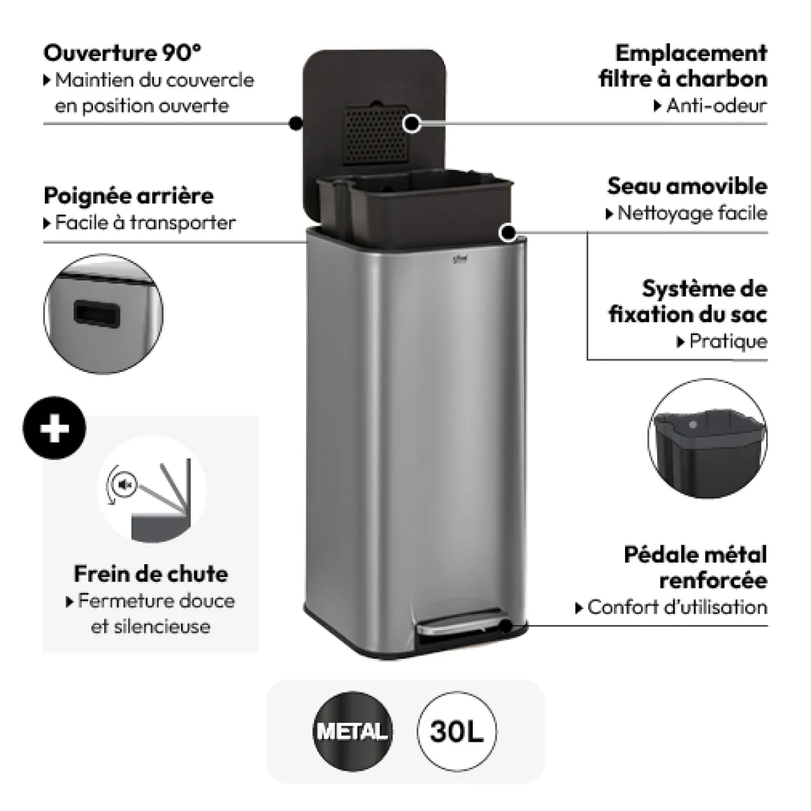 Poubelle métal 30L, Inox