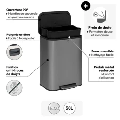 Poubelle métal 50L, Inox finition mat