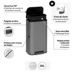 Poubelle métal 30L, Inox finition mat