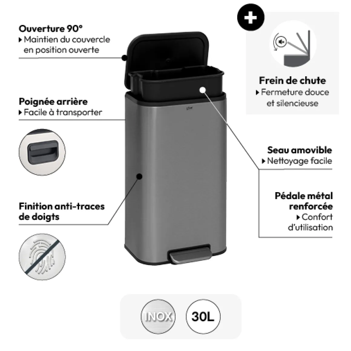 Poubelle métal 30L, Inox finition mat
