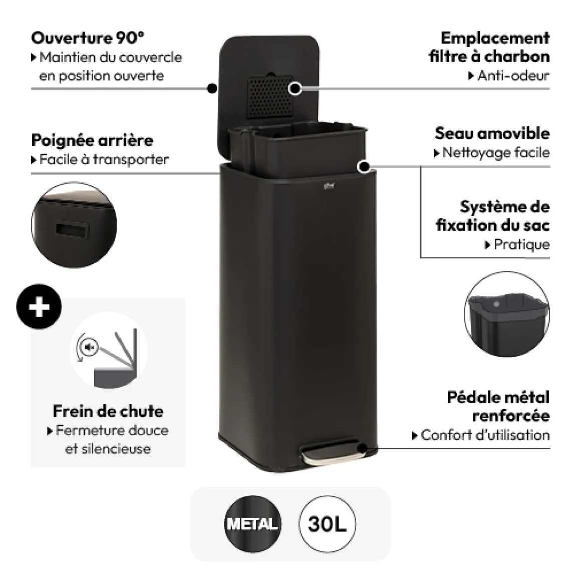 Poubelle métal 30L, Noir