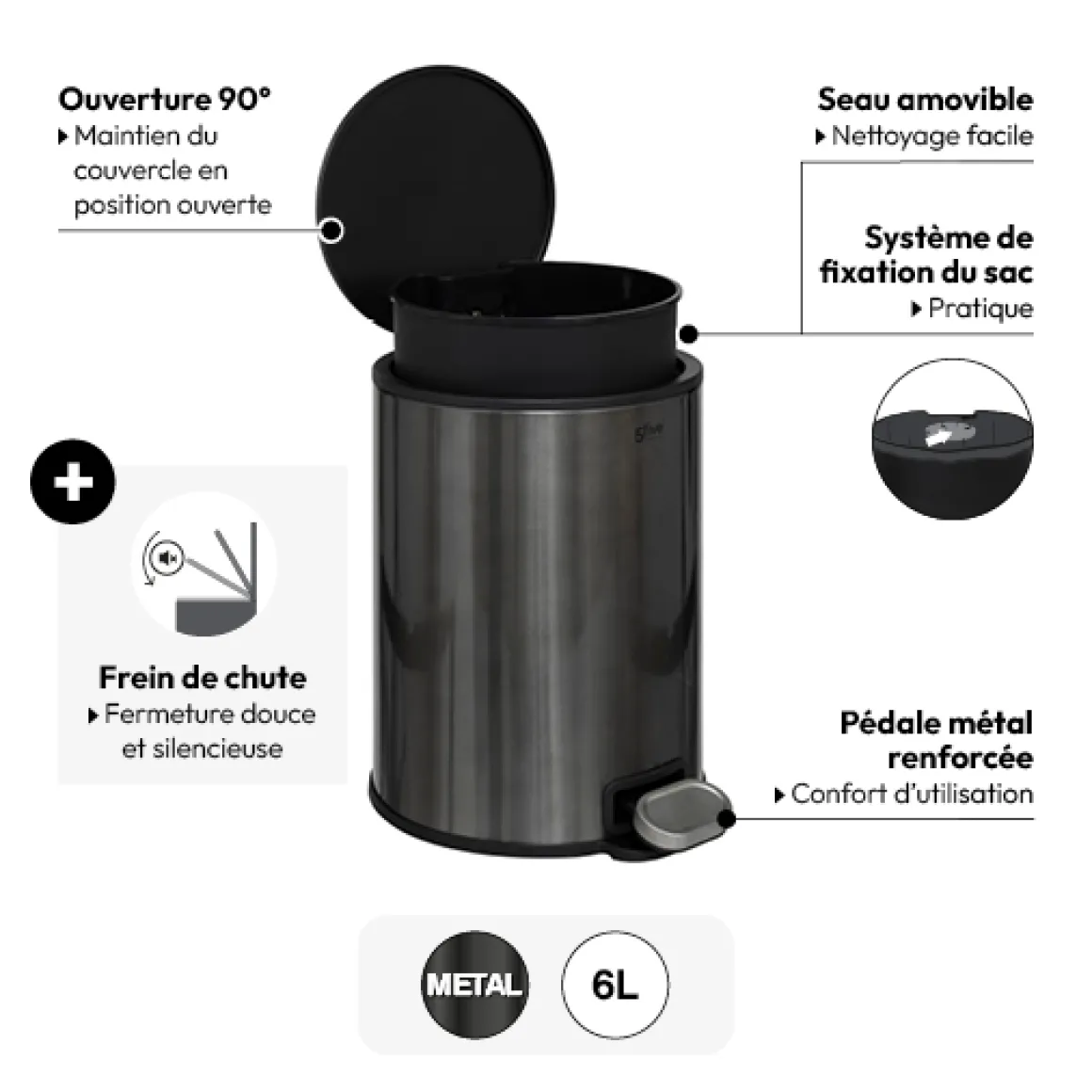 Poubelle métal 6L, Noir