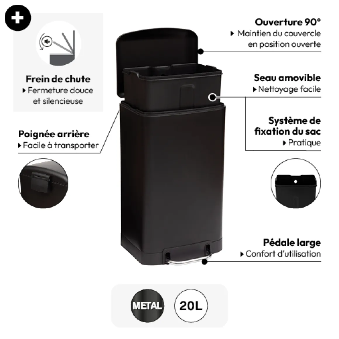 Poubelle métal 20L, Noir