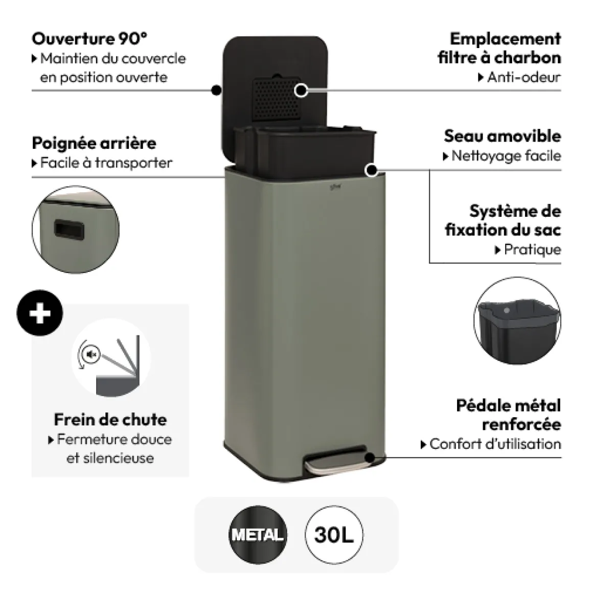 Poubelle métal 30L, Vert