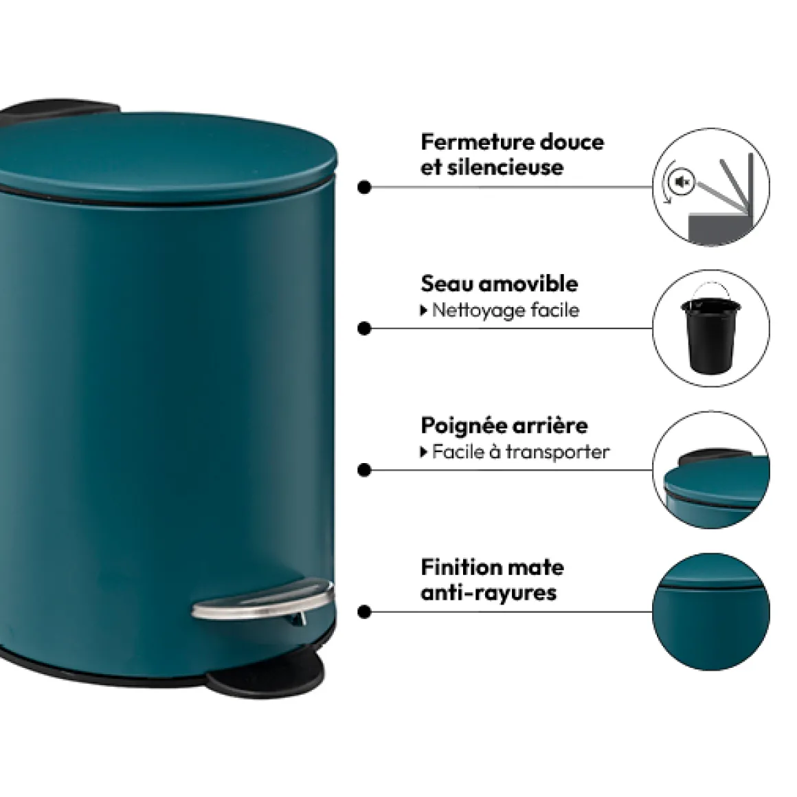 Poubelle métal Soft Close 3L, Bleu pétrole
