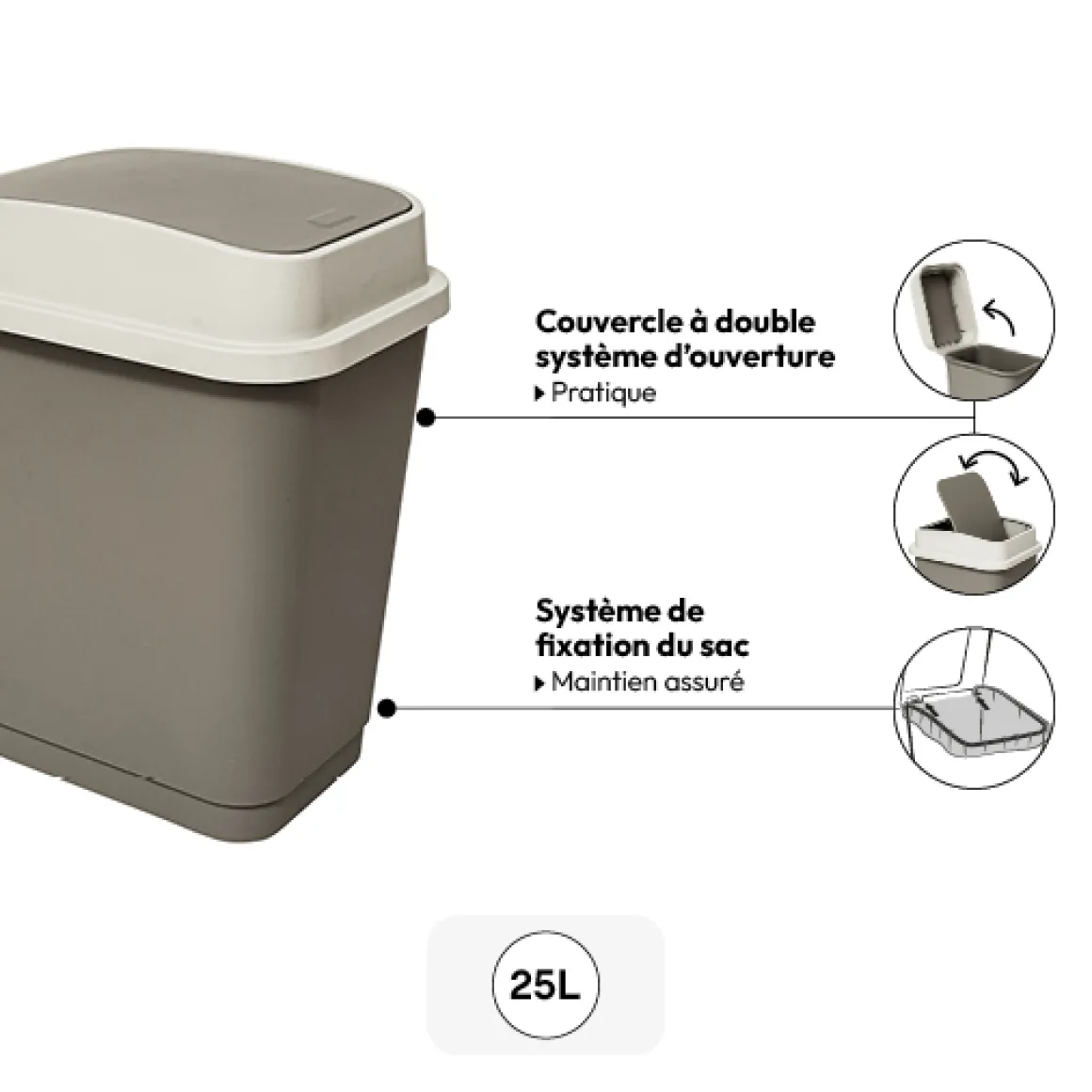 Poubelle plastique 25L, Taupe