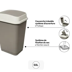 Poubelle plastique 50L, Taupe