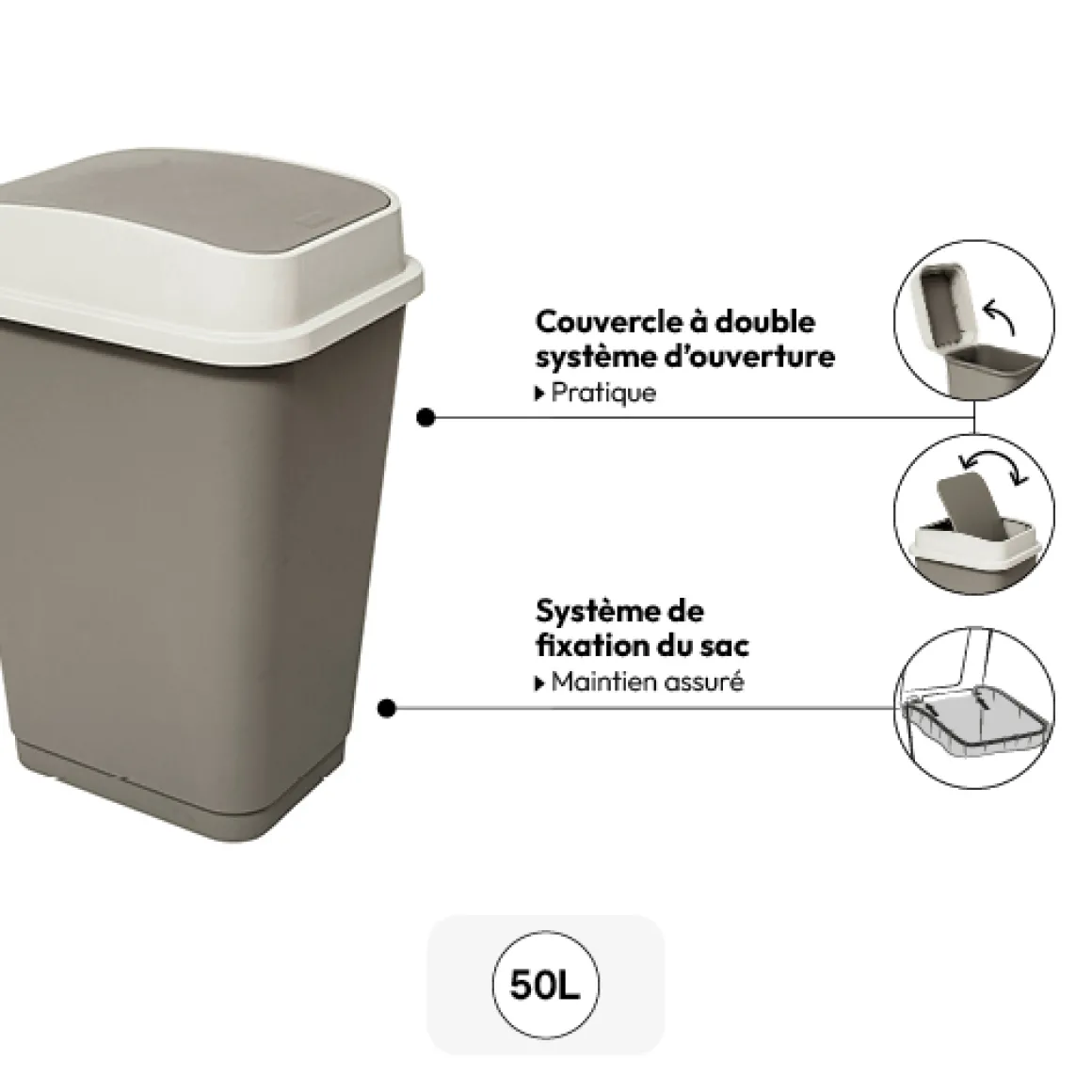 Poubelle plastique 50L, Taupe