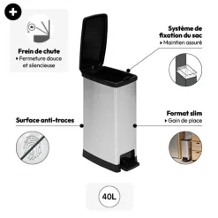 Poubelle plastique slim 40L, Gris