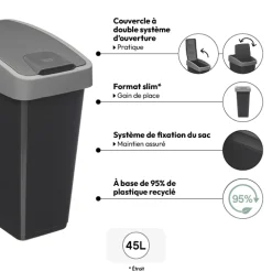 Poubelle rectangulaire à 2 ouvertures plastique 45L, Gris