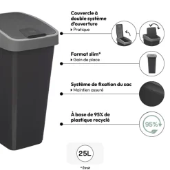 Poubelle rectangulaire à 2 ouvertures plastique 25L, Gris