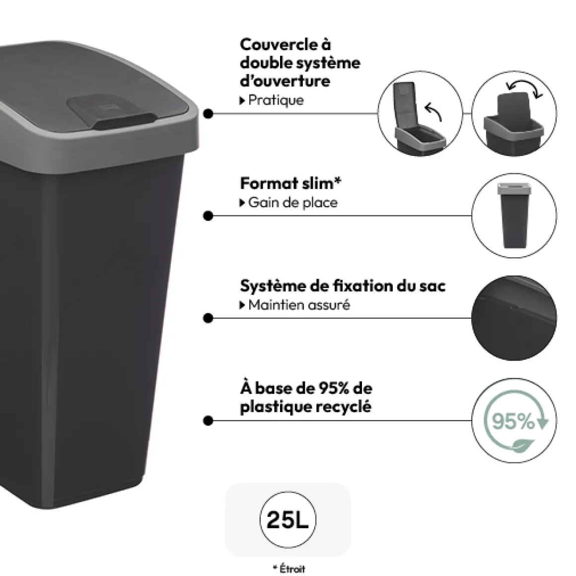 Poubelle rectangulaire à 2 ouvertures plastique 25L, Gris