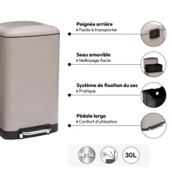 Poubelle rectangulaire à pédale métal 30L, Taupe
