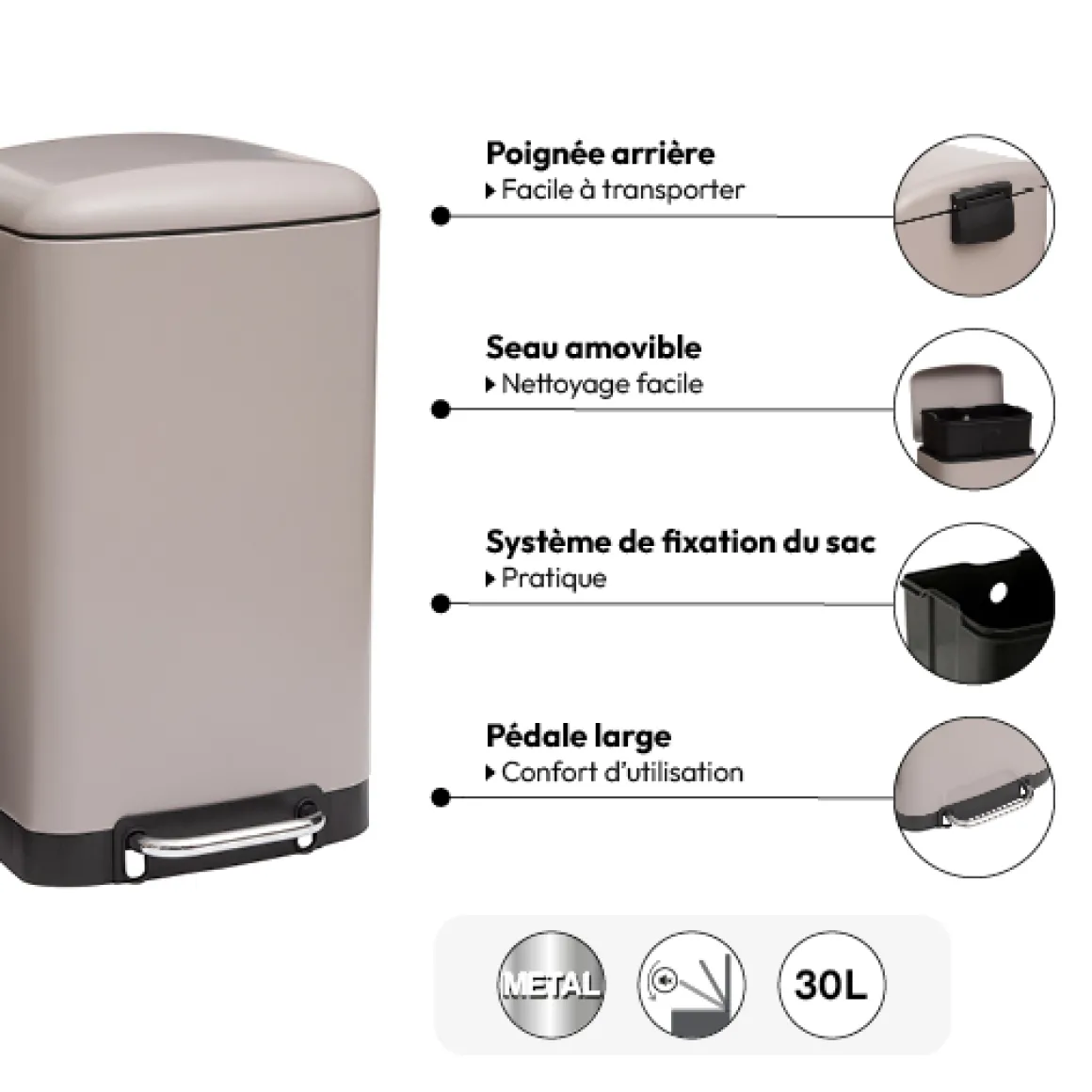 Poubelle rectangulaire à pédale métal 30L, Taupe