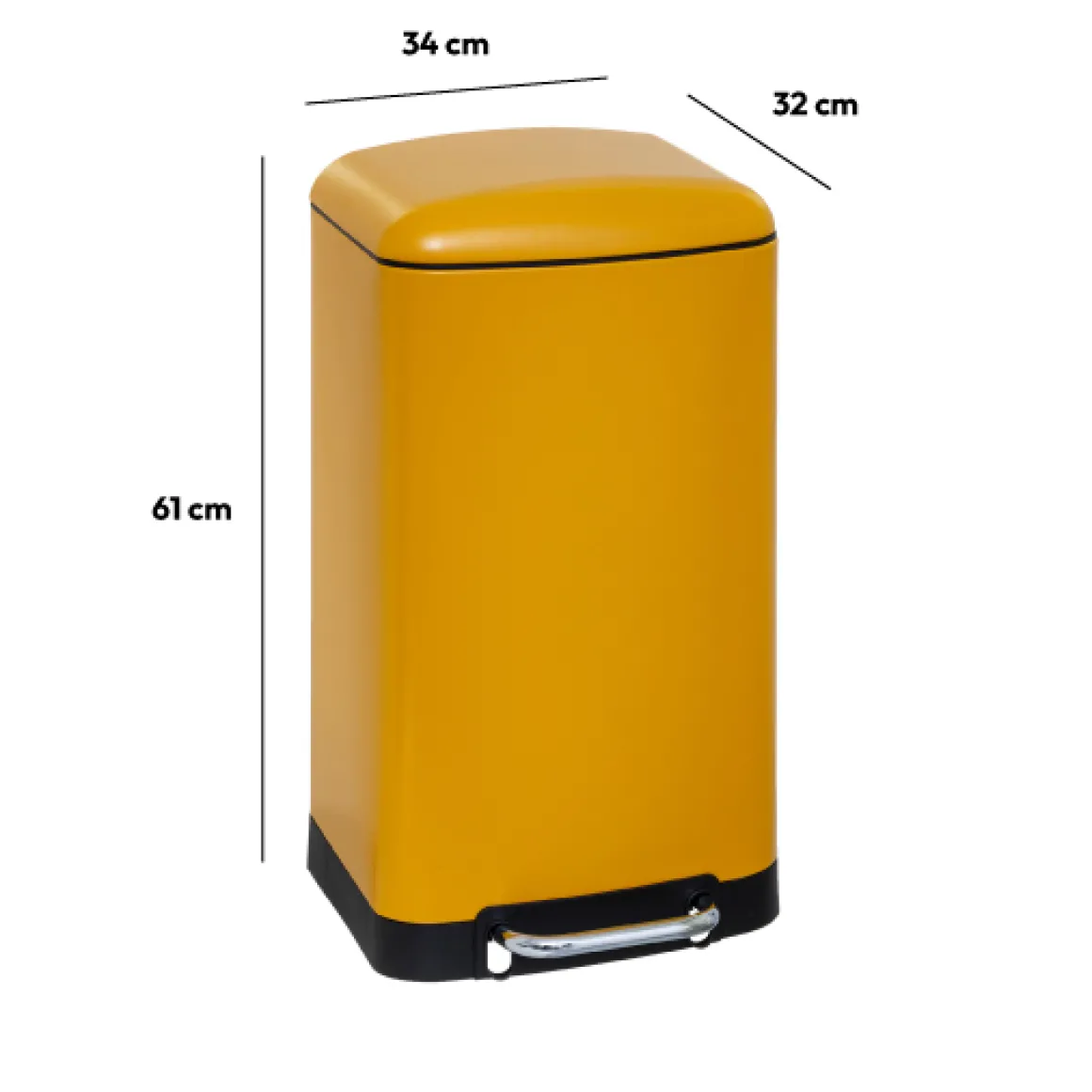 Poubelle rectangulaire à pédale métal 30L, Jaune