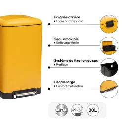 Poubelle rectangulaire à pédale métal 30L, Jaune