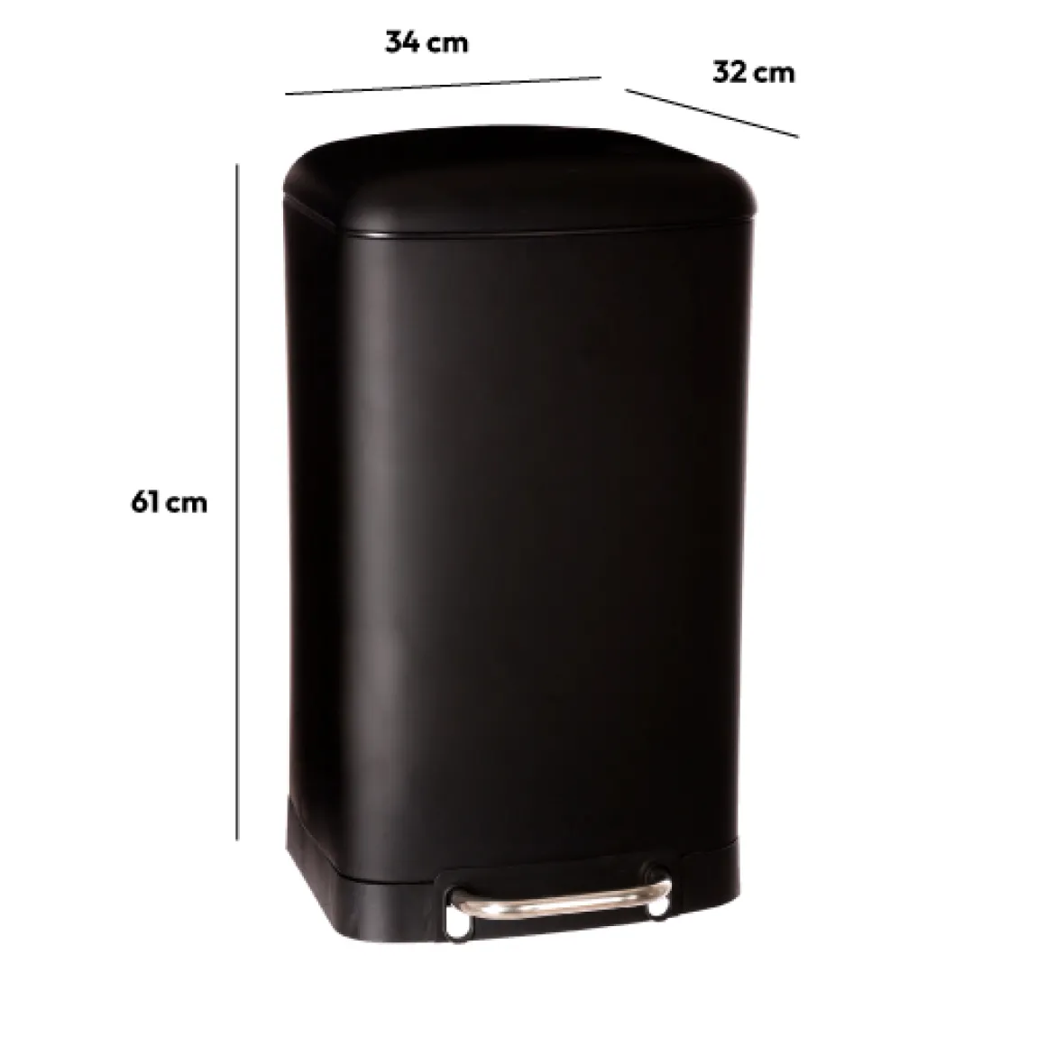 Poubelle rectangulaire à pédale métal 30L, Noir