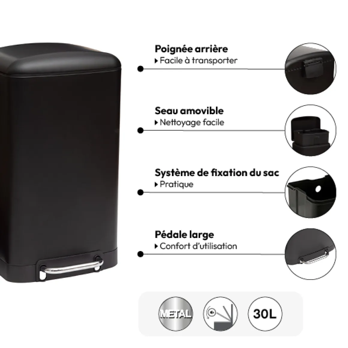 Poubelle rectangulaire à pédale métal 30L, Noir