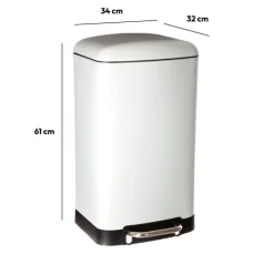 Poubelle rectangulaire à pédale métal 30L, Blanc