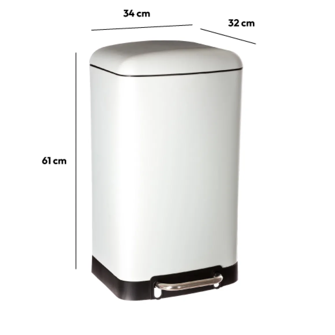 Poubelle rectangulaire à pédale métal 30L, Blanc