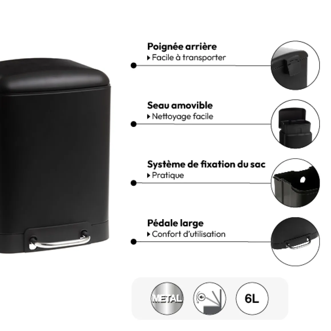 Poubelle rectangulaire à pédale métal 6L, Noir