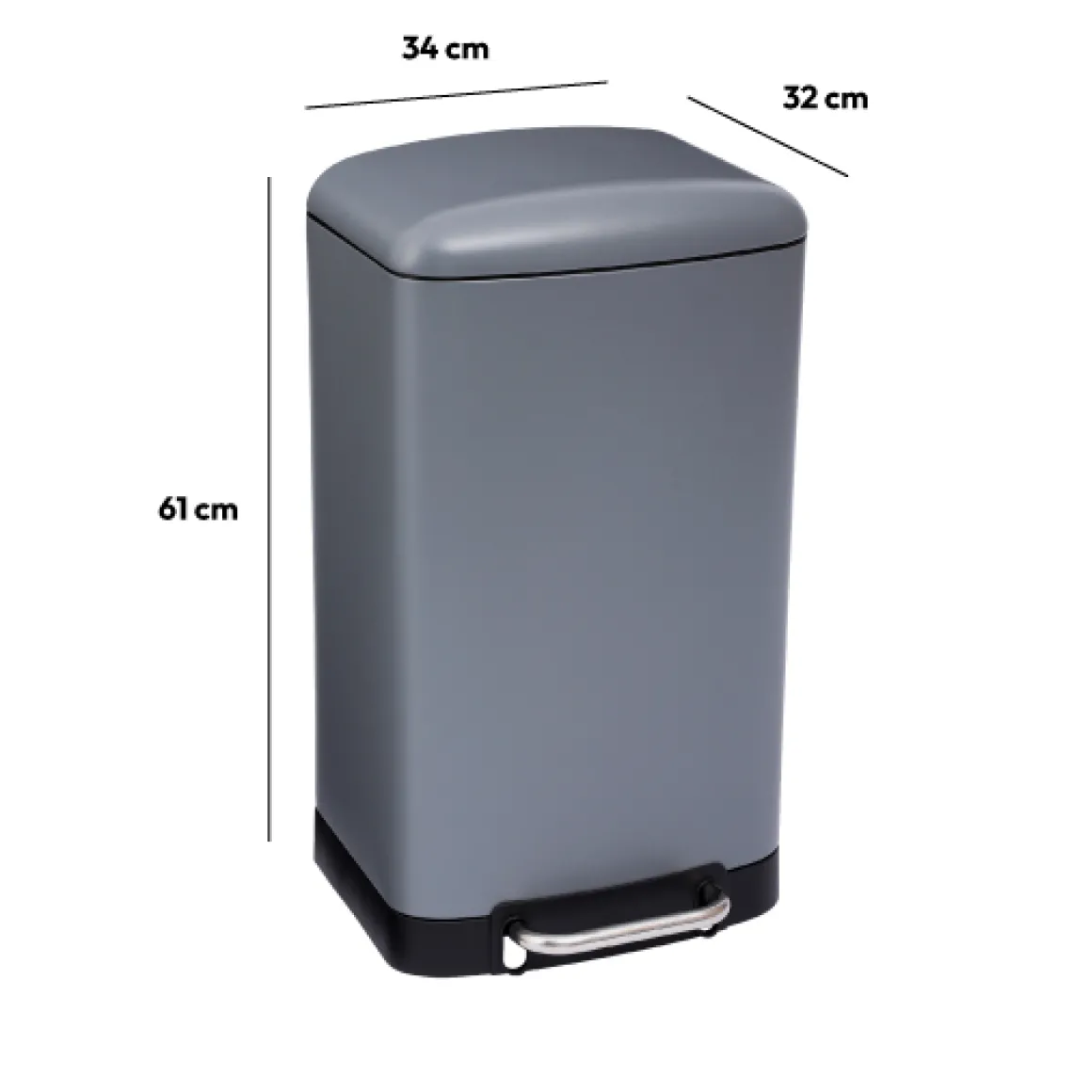 Poubelle rectangulaire à pédale métal 30L, Gris