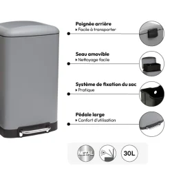 Poubelle rectangulaire à pédale métal 30L, Gris
