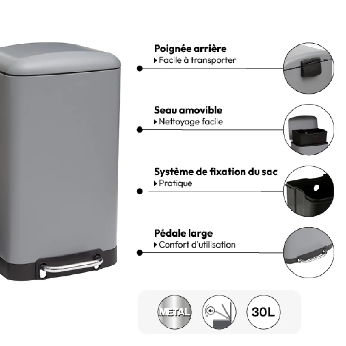 Poubelle rectangulaire à pédale métal 30L, Gris