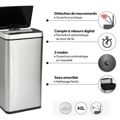 Poubelle rectangulaire automatique 40L, Inox