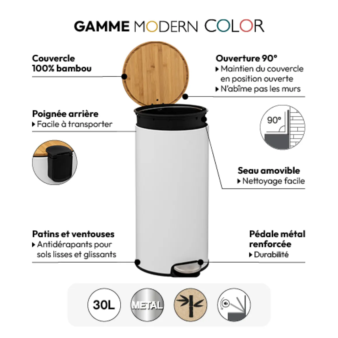 Poubelle ronde avec couvercle bambou 30L, Blanc