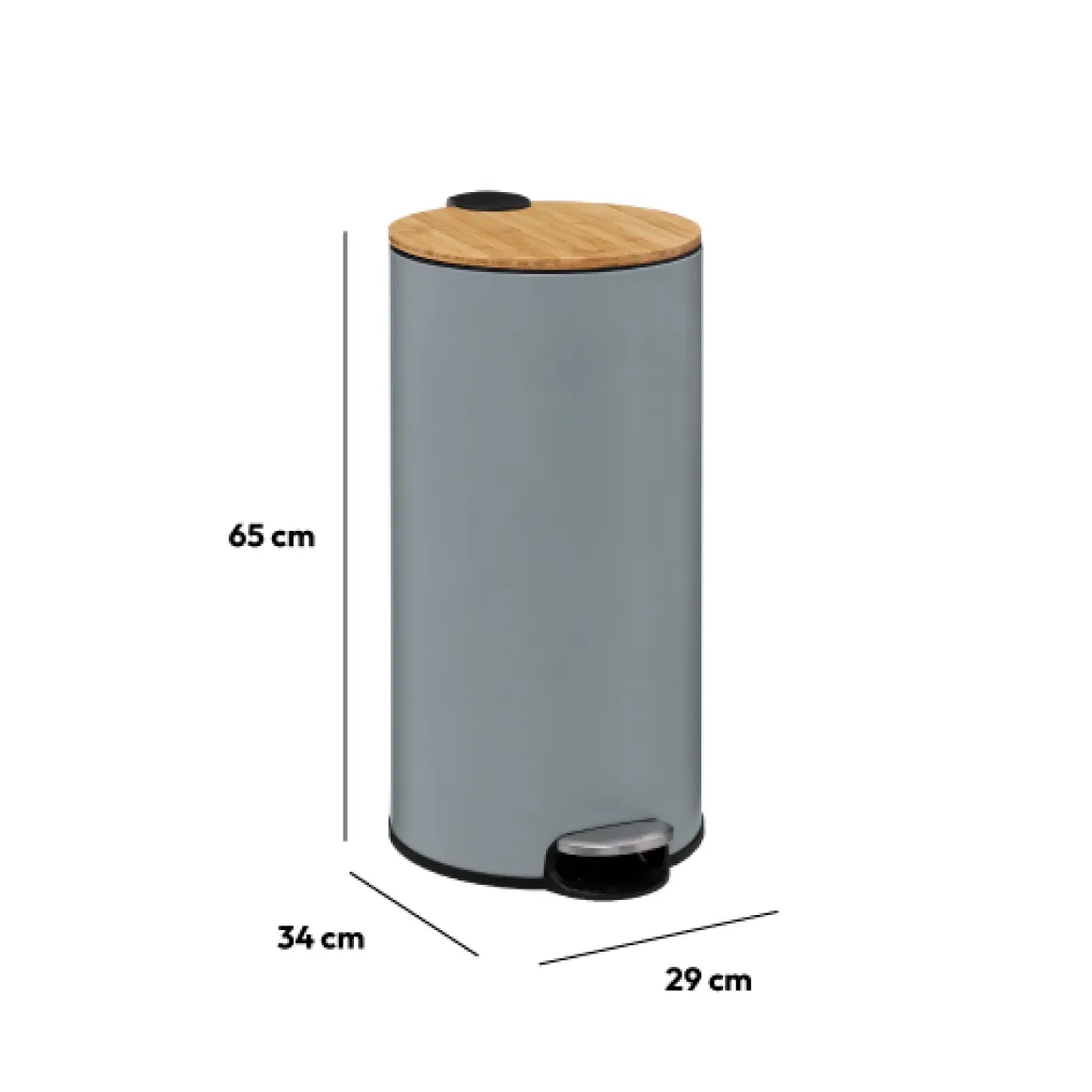 Poubelle ronde avec couvercle bambou 30L, Gris