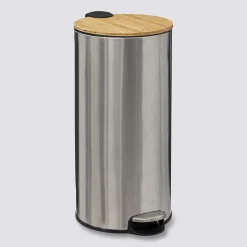 Poubelle ronde avec couvercle bambou 30L, Inox