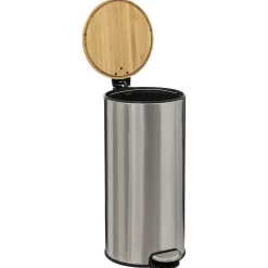 Poubelle ronde avec couvercle bambou 30L, Inox
