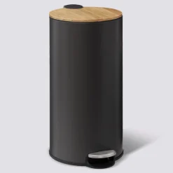 Poubelle ronde avec couvercle bambou 30L, Noir