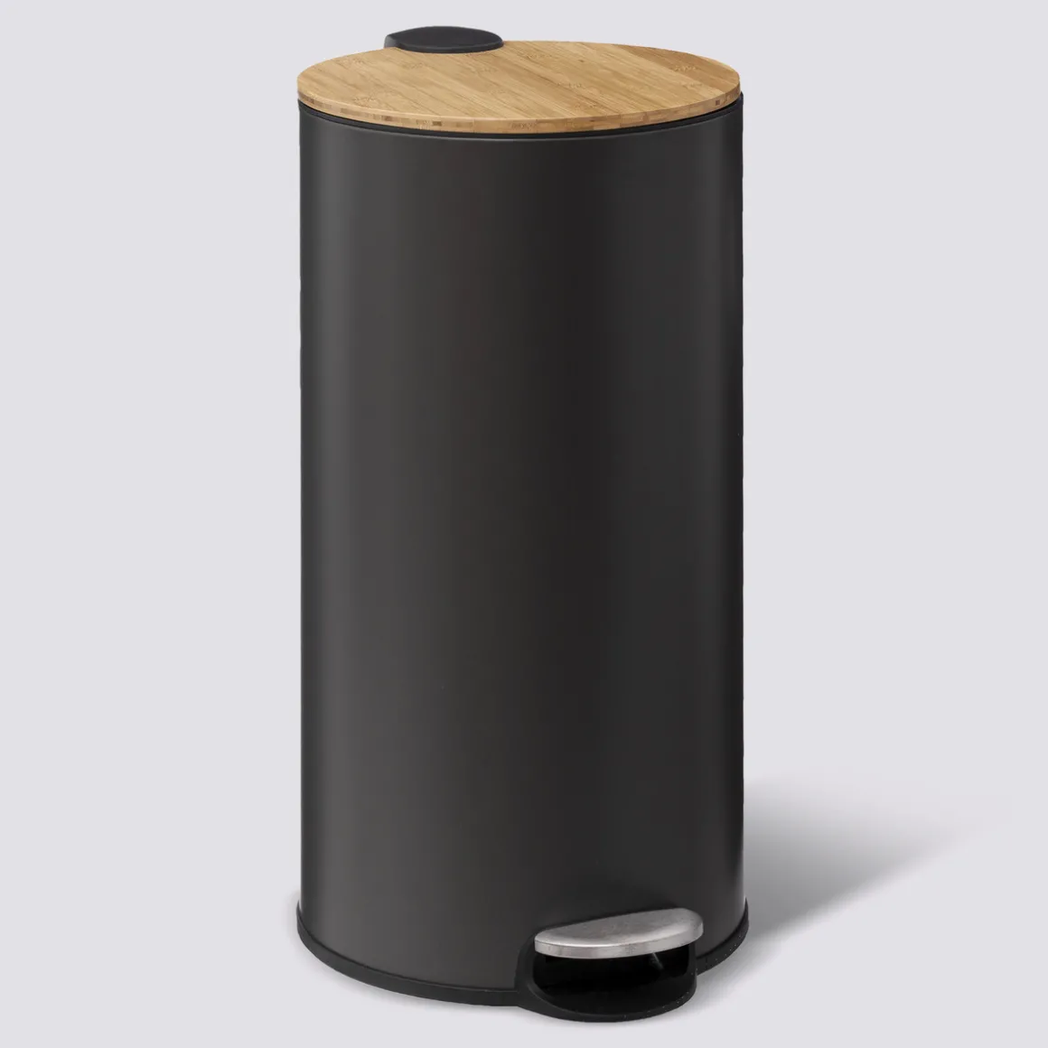 Poubelle ronde avec couvercle bambou 30L, Noir