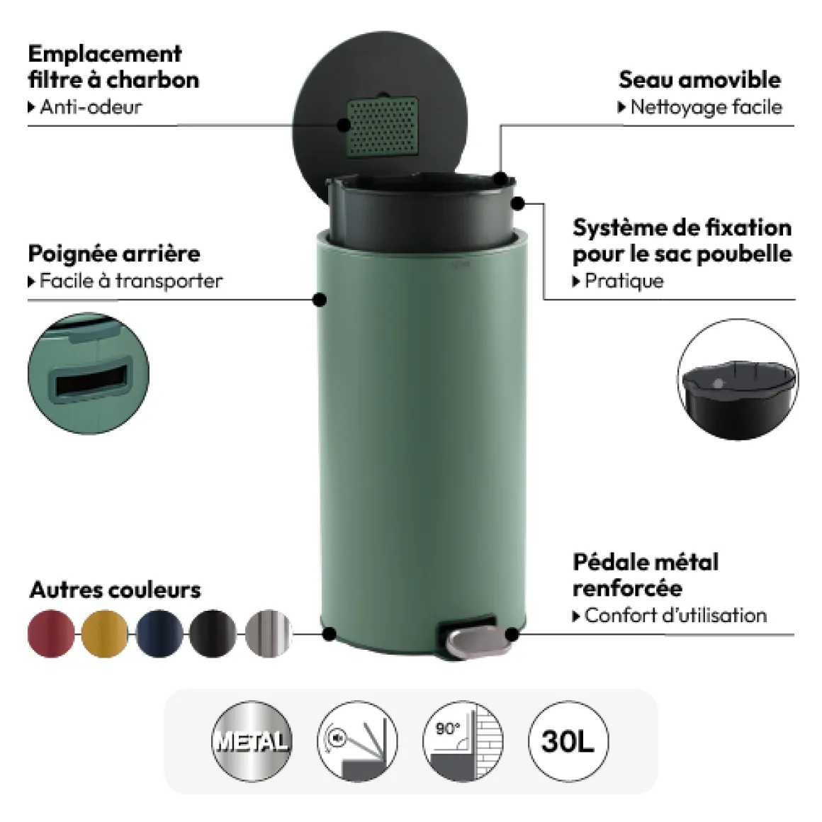 Poubelle ronde en métal 30L, Vert