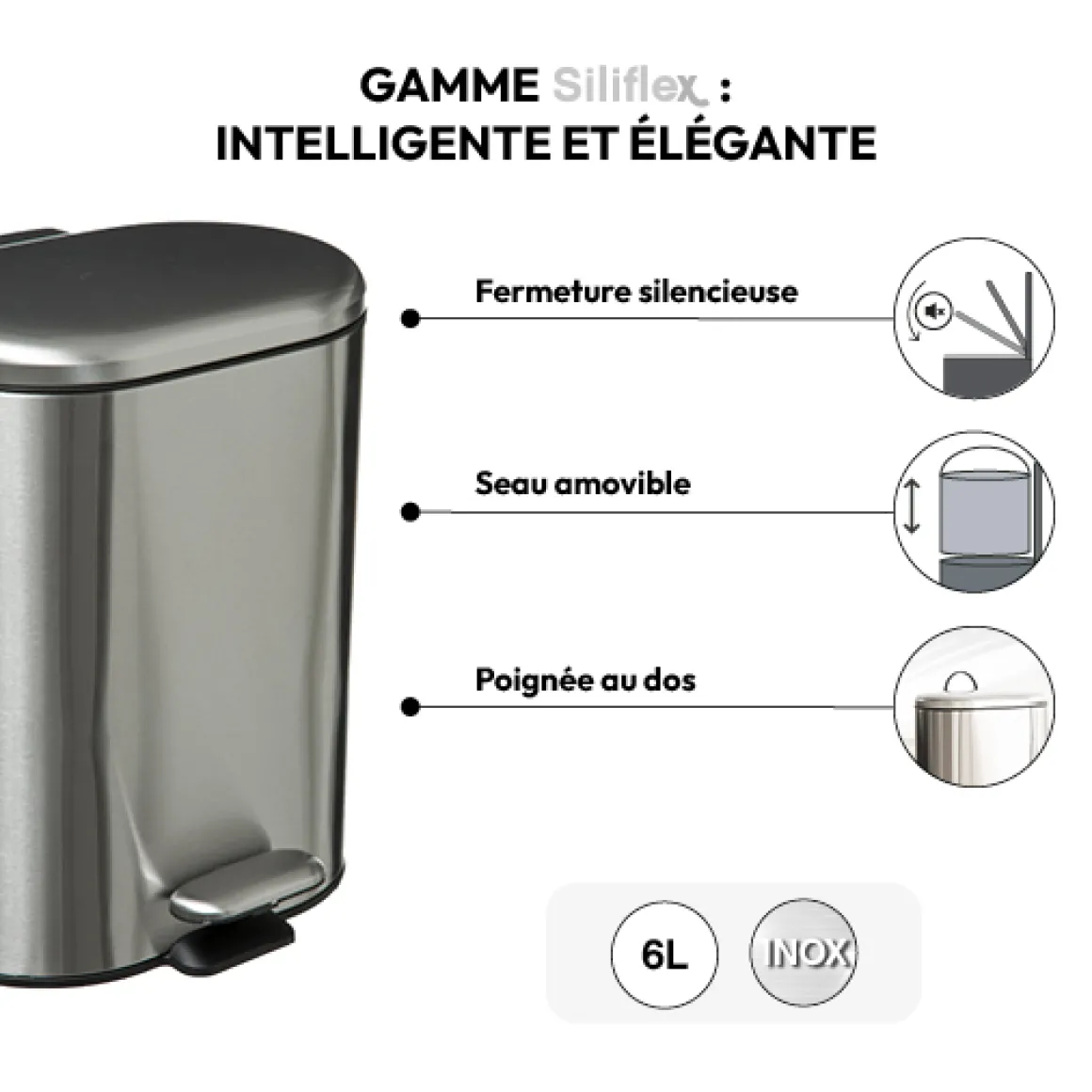 Poubelle Soft close métal 6L, Inox