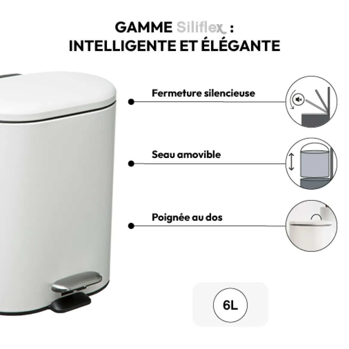 Poubelle Soft close métal 6L, Blanc