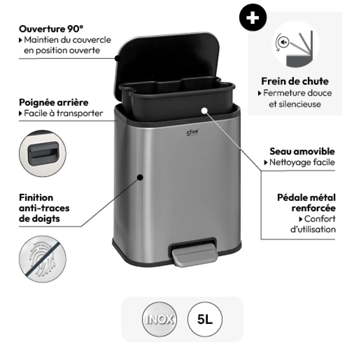 Poubelle Soft Close métal 5L, Argent