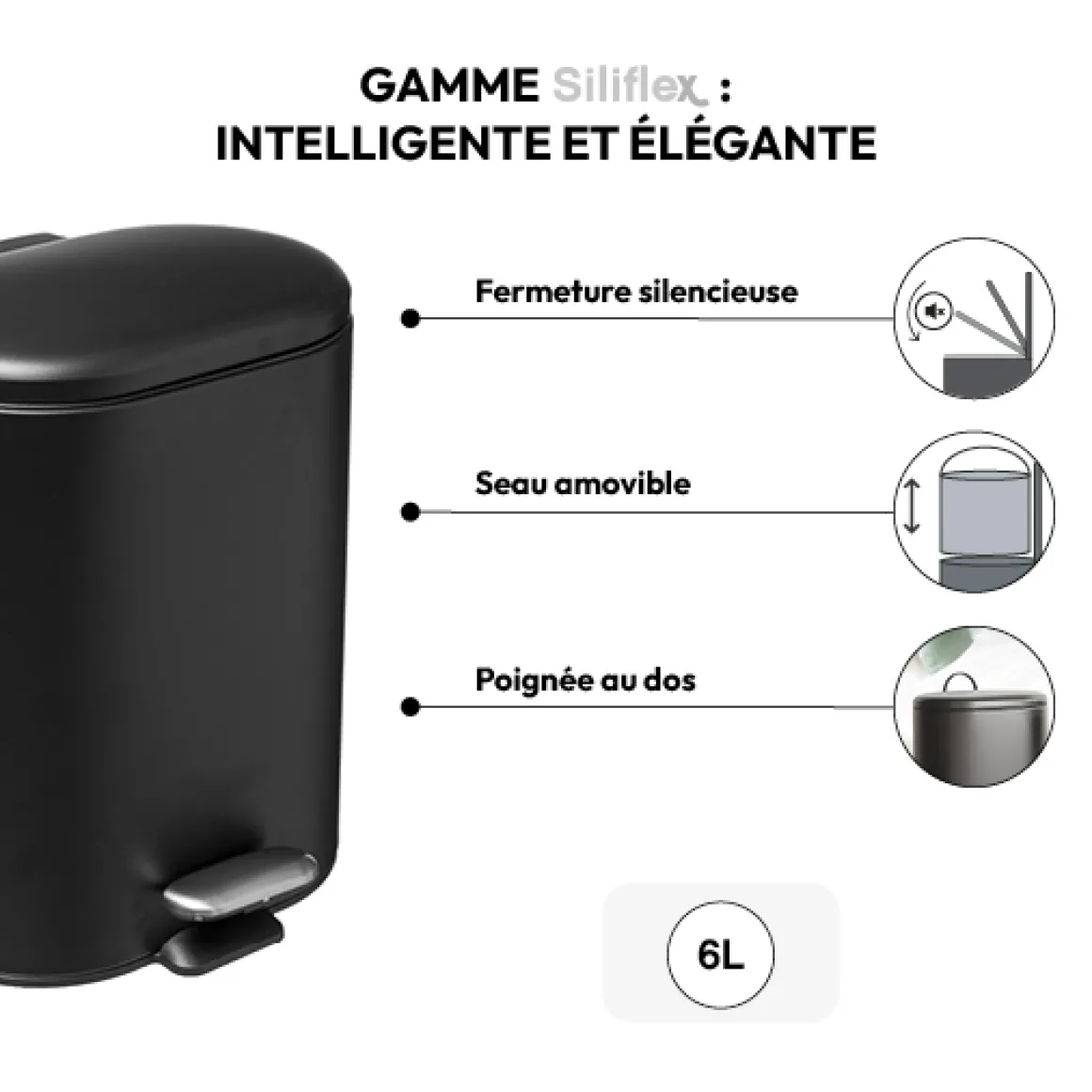 Poubelle Soft close métal 6L, Noir