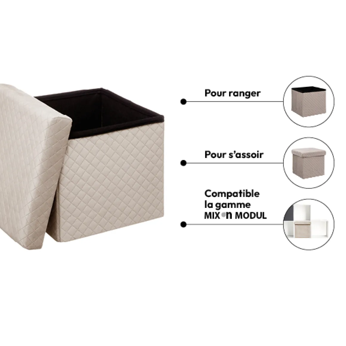 Pouf pliable 31x31 cm, Velours Gris